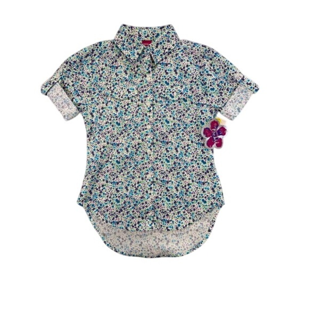 Forever Orchid Girls Floral Button Down Shirt Purple Blue Cuffed ShortSleeve 7/8